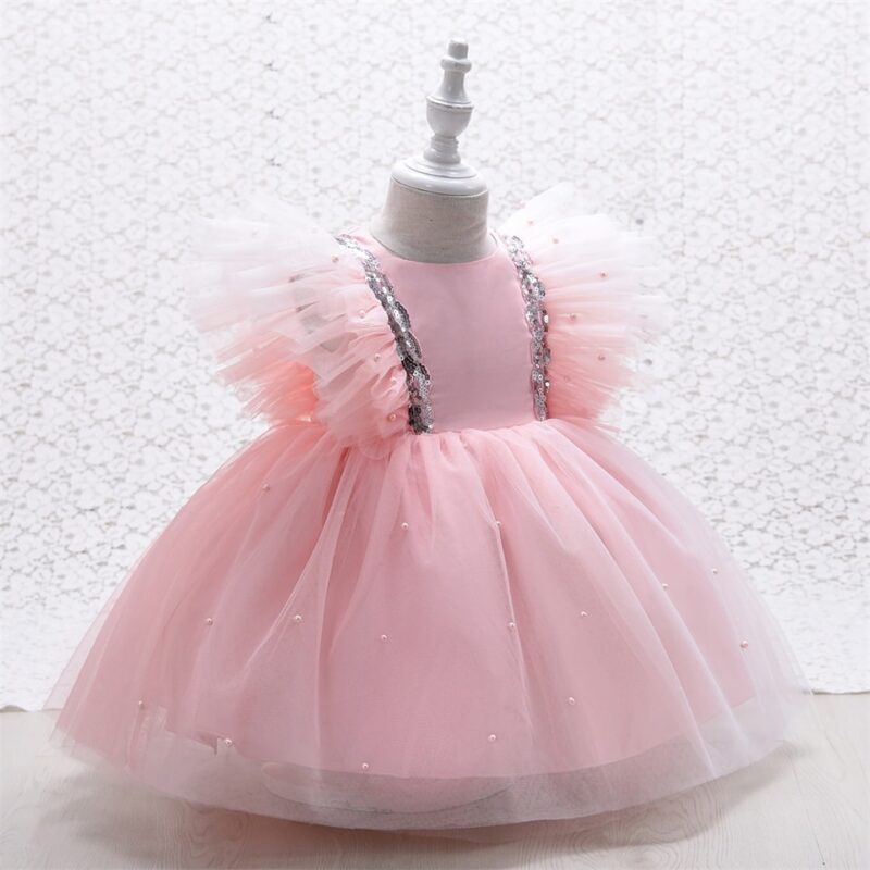 Ruffled Pearl Pastel Pink Baby Party Dress - Image 6