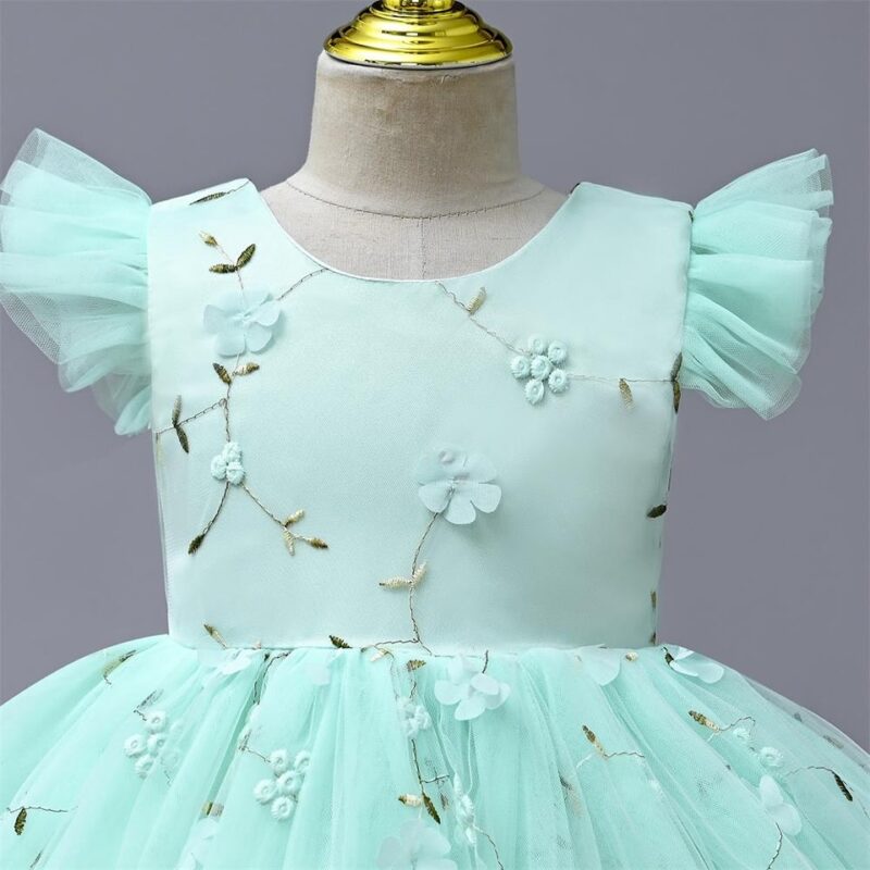 Little Princess Puffy Mint Green Floral Dress For Little Girls - Image 2