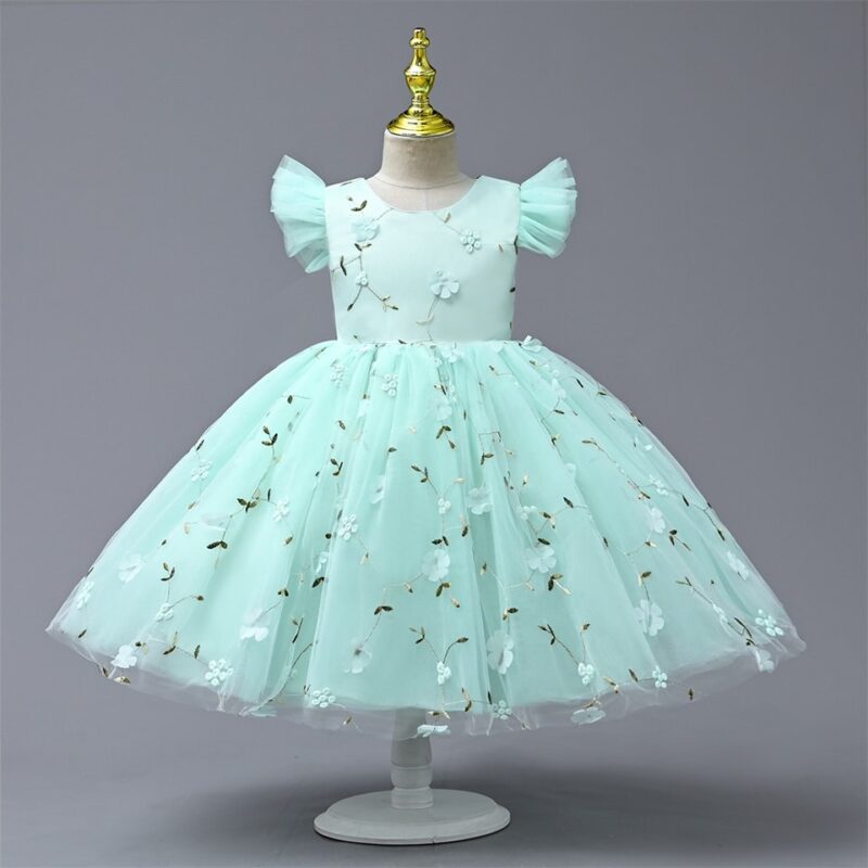 Little Princess Puffy Mint Green Floral Dress For Little Girls - Image 5