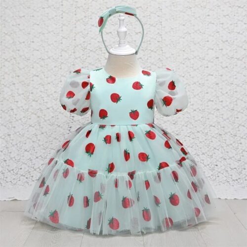Adorable mint green Strawberry-Themed  Children’s Dress with Matching Headband