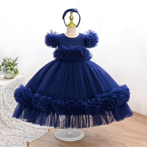 Beautifully Ruffled Dark Blue Dress with Matching Headband