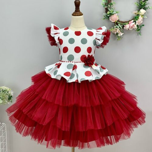 Playful Red Polka Dot Dress with Tulle Skirt and Floral Peplum Accent