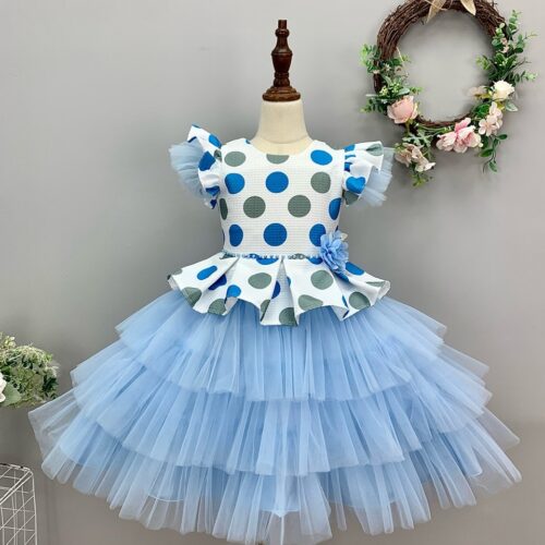 Playful Polka Dot Dress with Tulle Skirt and Floral Peplum Accent
