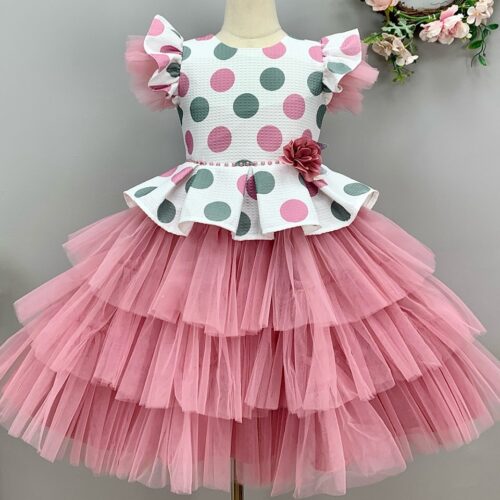 Playful Pink Polka Dot Dress with Tulle Skirt and Floral Peplum Accent