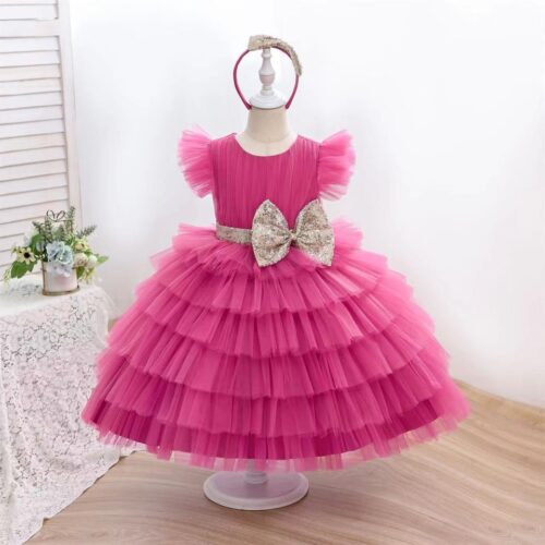 Enchanting Pink Tiered Tulle Dress with Glittery Gold Bow and Matching Headband