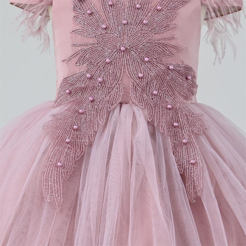 Elegant Tulle Dress with Feathered Sleeves and Matching bag girls party dress - Image 6