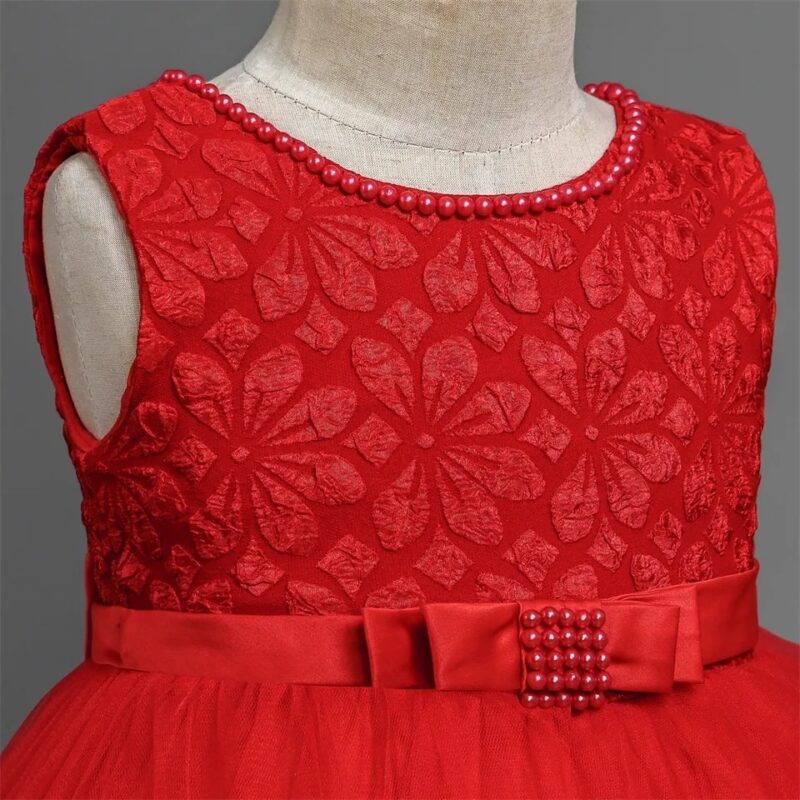 Elegant Red Floral Embroidered Dress with Beaded Trim - Image 5