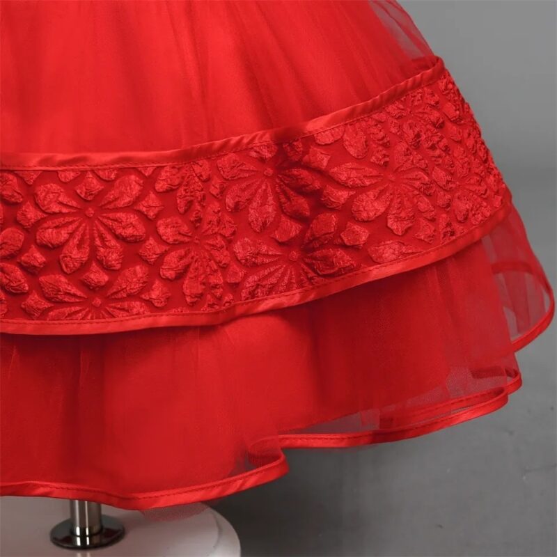 Elegant Red Floral Embroidered Dress with Beaded Trim - Image 4
