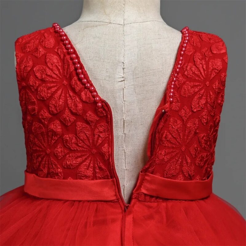 Elegant Red Floral Embroidered Dress with Beaded Trim - Image 3