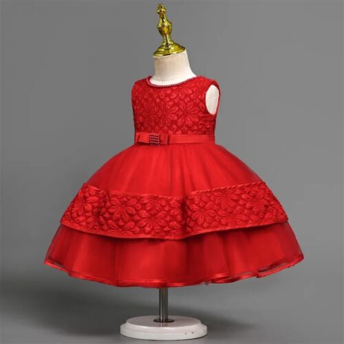 Elegant Red Floral Embroidered Dress with Beaded Trim