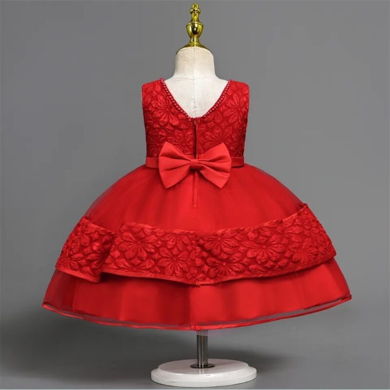 Elegant Red Floral Embroidered Dress with Beaded Trim - Image 2