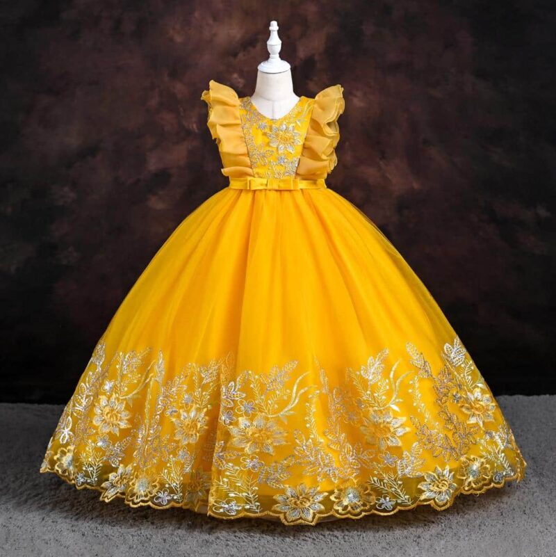 Elegant Yellow Dress with Silver Floral Embroidery