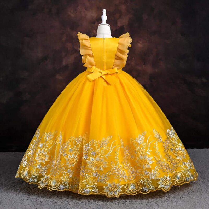 Elegant Yellow Dress with Silver Floral Embroidery - Image 2