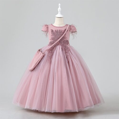 Elegant Tulle Dress with Feathered Sleeves and Matching bag girls party dress