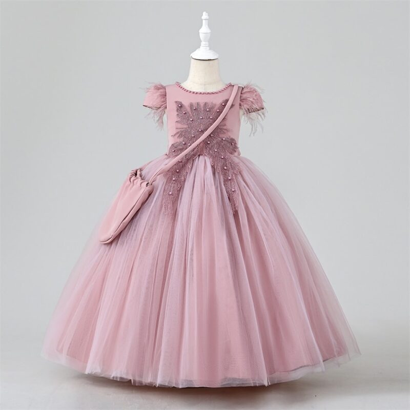 Elegant Tulle Dress with Feathered Sleeves and Matching bag girls party dress