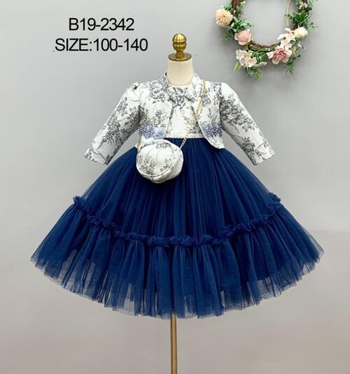 Elegant Dark Blue Dress with Floral Pattern and Matching Jacket