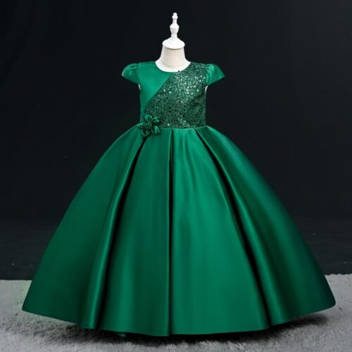 Green Ball Gown with Sequin Bodice and Flower Embellishment