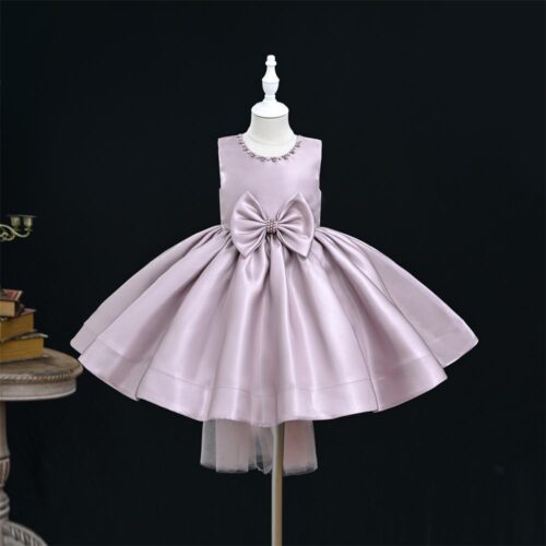 Elegant Light Purple Satin Dress with Beaded Necklace Trim and Bow