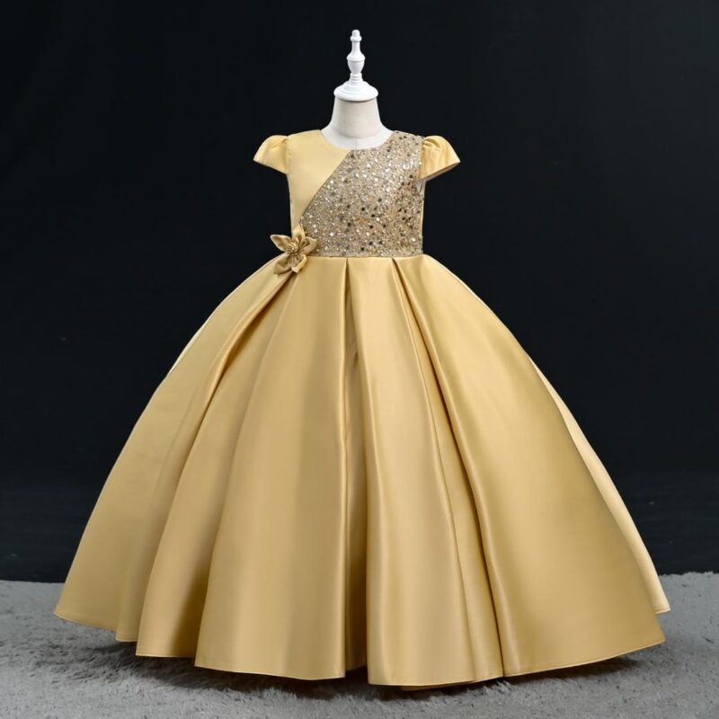 Gold Ball Gown with Sequin Bodice and Flower Embellishment