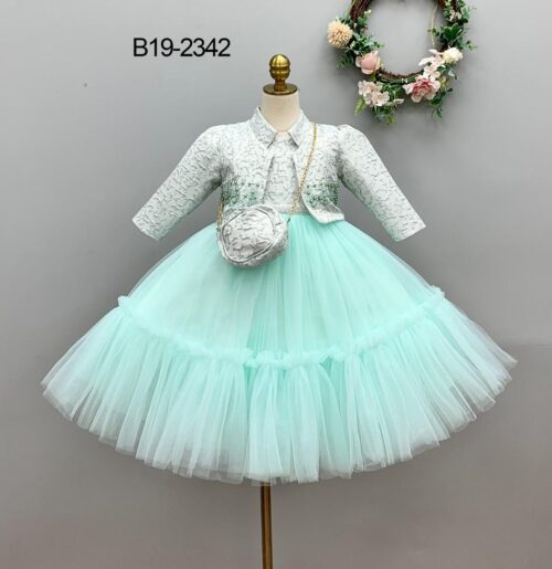 Elegant Light Blue Dress with Floral Pattern and Matching Jacket