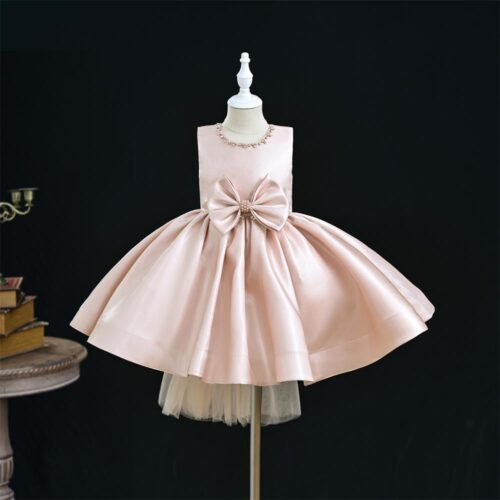 Elegant Pink Satin Dress with Beaded Necklace Trim and Bow