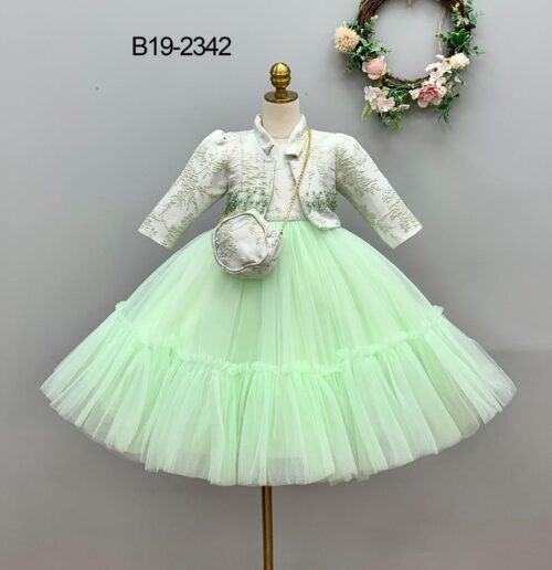 Elegant Light Green Dress with Floral Pattern and Matching Jacket