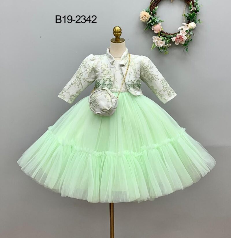 Elegant Light Green Dress with Floral Pattern and Matching Jacket