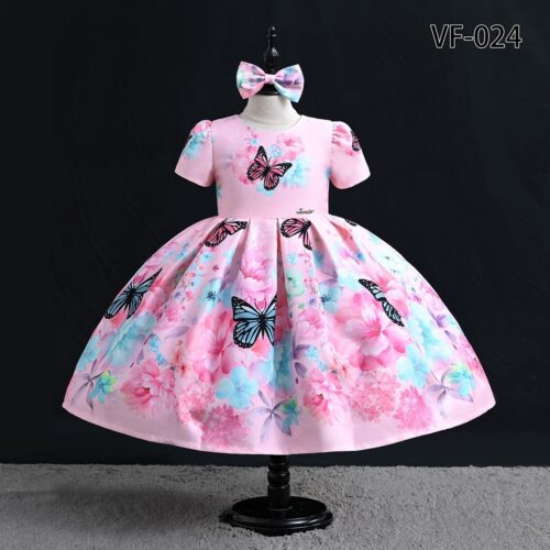 Enchanting Pink Floral And Butterfly Party Dress With Matching Bow