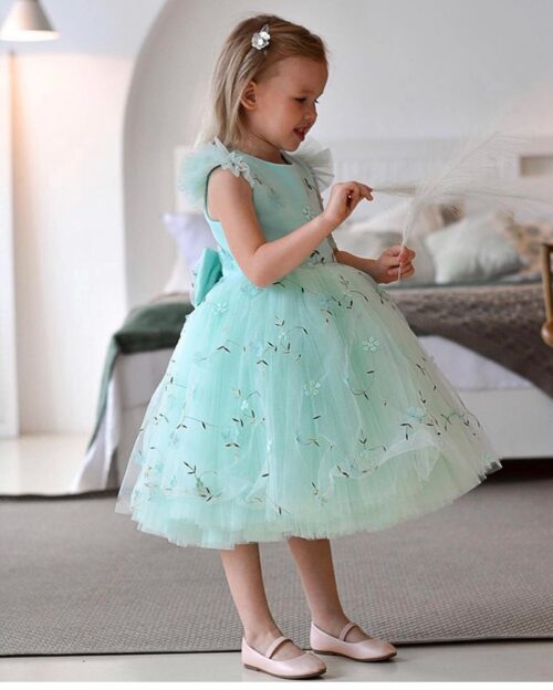 Little Princess Puffy Mint Green Floral Dress For Little Girls