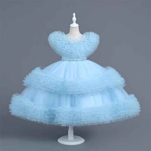 Elegant Puff Light Blue Tulle Party Dress For Girls