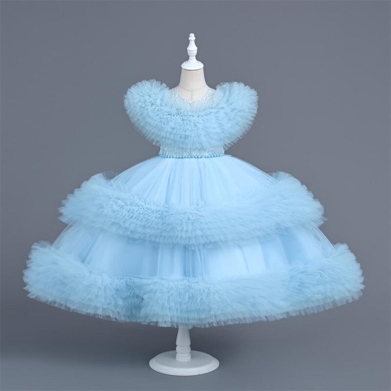 Elegant Puff Light Blue Tulle Party Dress For Girls