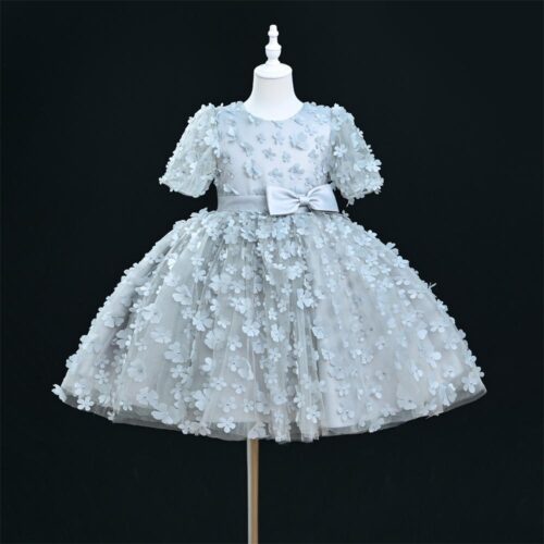 Grey Beautiful Princess Party Dress With Three-Dimensional Floral Appliqués