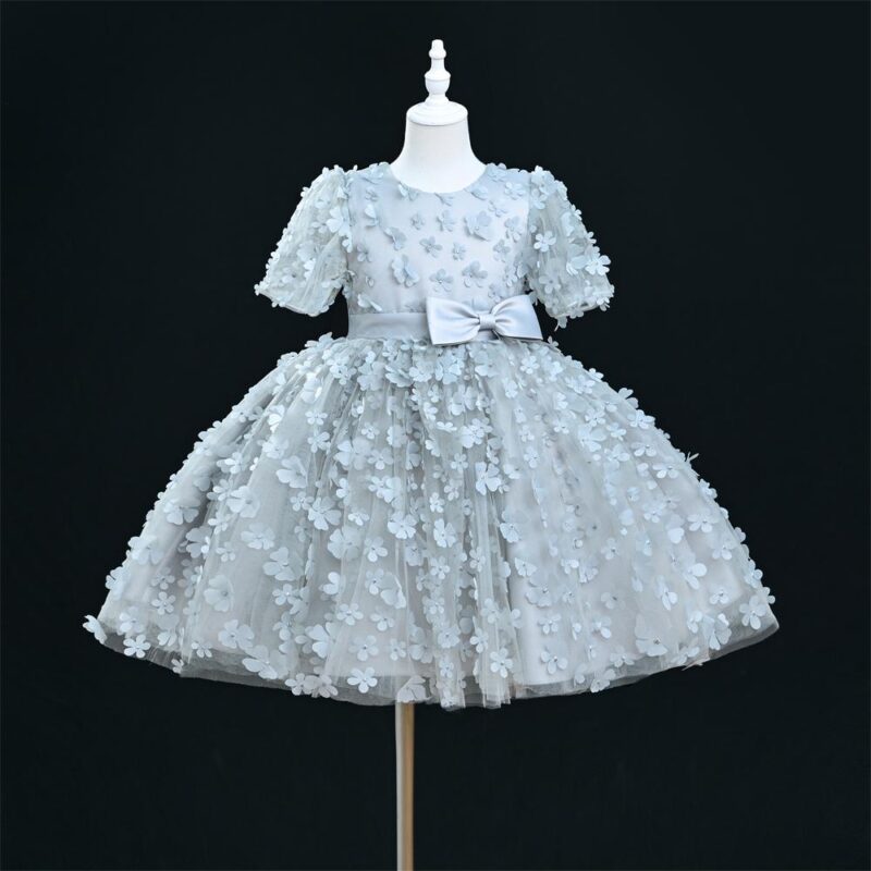 Grey Beautiful Princess Party Dress With Three-Dimensional Floral Appliqués