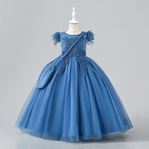 Elegant Tulle Dress with Feathered Sleeves and Matching bag girls party dress