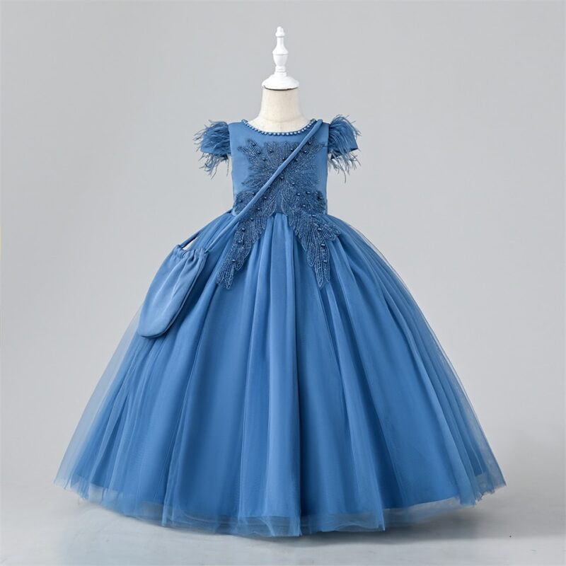 Elegant Tulle Dress with Feathered Sleeves and Matching bag girls party dress