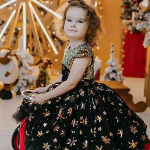 Girls Black & Gold Christmas Dress – Sequin Bodice & Star Tulle