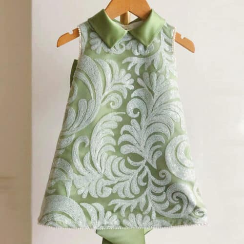 Girls Green Satin Party Dress – White Swirl  & Bow Back