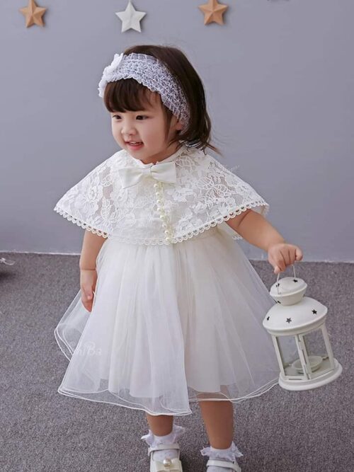 Baby Girl Christening Dress – White Lace Cape