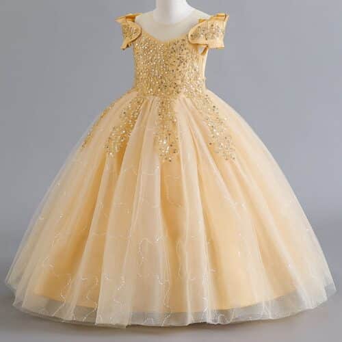 Girls Gold Princess Ball Gown – Glitter Tulle & Sequin Bodice