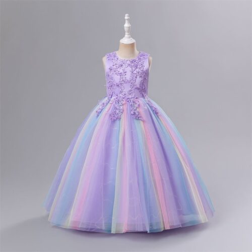 Girls Rainbow Tulle Party Dress – Lavender Floral Bodice & Sleeveless Design