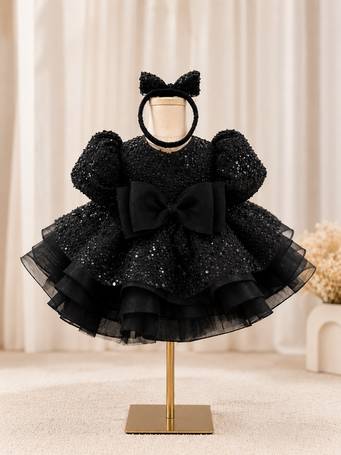 Black Sequin Baby Girl Party Dress with Bow & Headband - Image 2