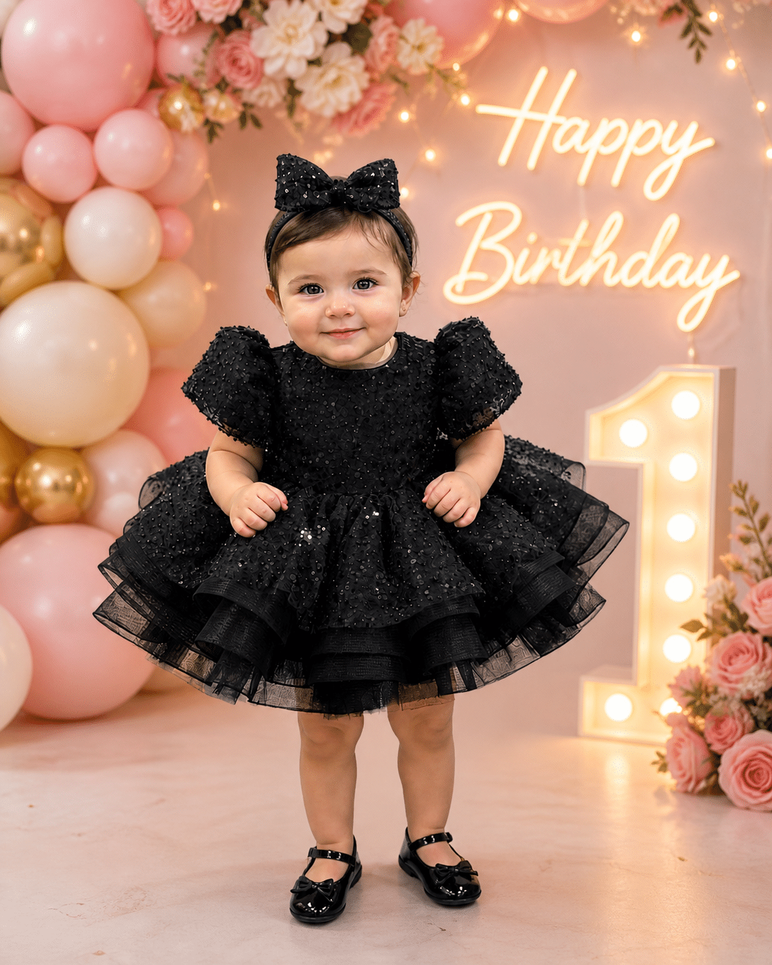 Black Sequin Baby Girl Party Dress with Bow & Headband