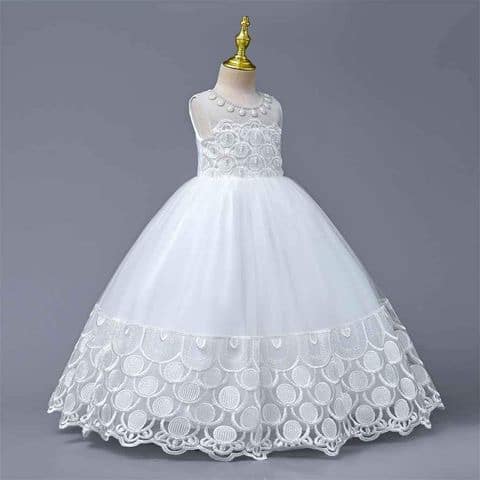 White Lace Tulle Ball Gown with Sheer Pearl Neckline