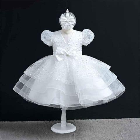 White Sparkle Tulle Dress with Puff Sleeves and Bow with headband