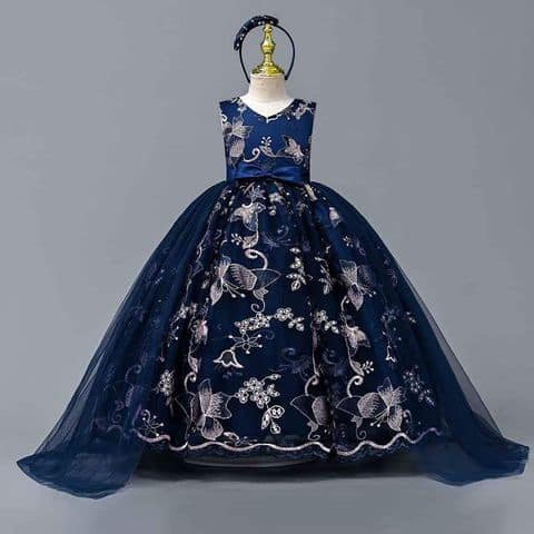 Blue Embroidered Tulle Ball Gown with headband